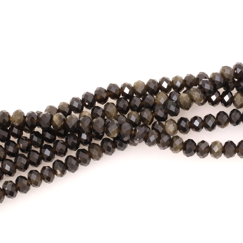 Fil de perles naturelles facettées 6x4mm en Obsidienne argentée