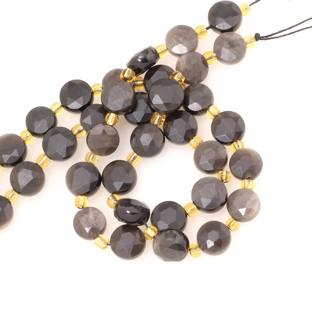 Fil de perles naturelles palet rond facetté 10mm Obsidienne argentée