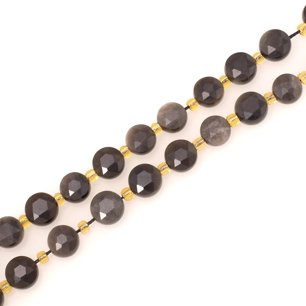 Fil de perles naturelles palet rond facetté 10mm Obsidienne argentée