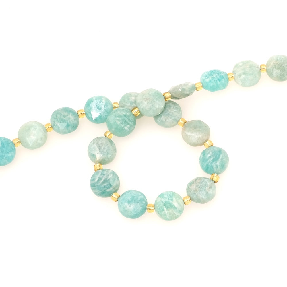 Fil de perles naturelles palet rond facetté 10mm en Amazonite