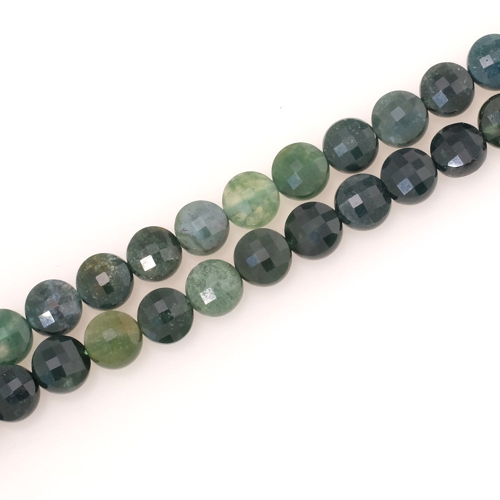 Fil de perles naturelles palet rond facetté 8mm en Agate mousse