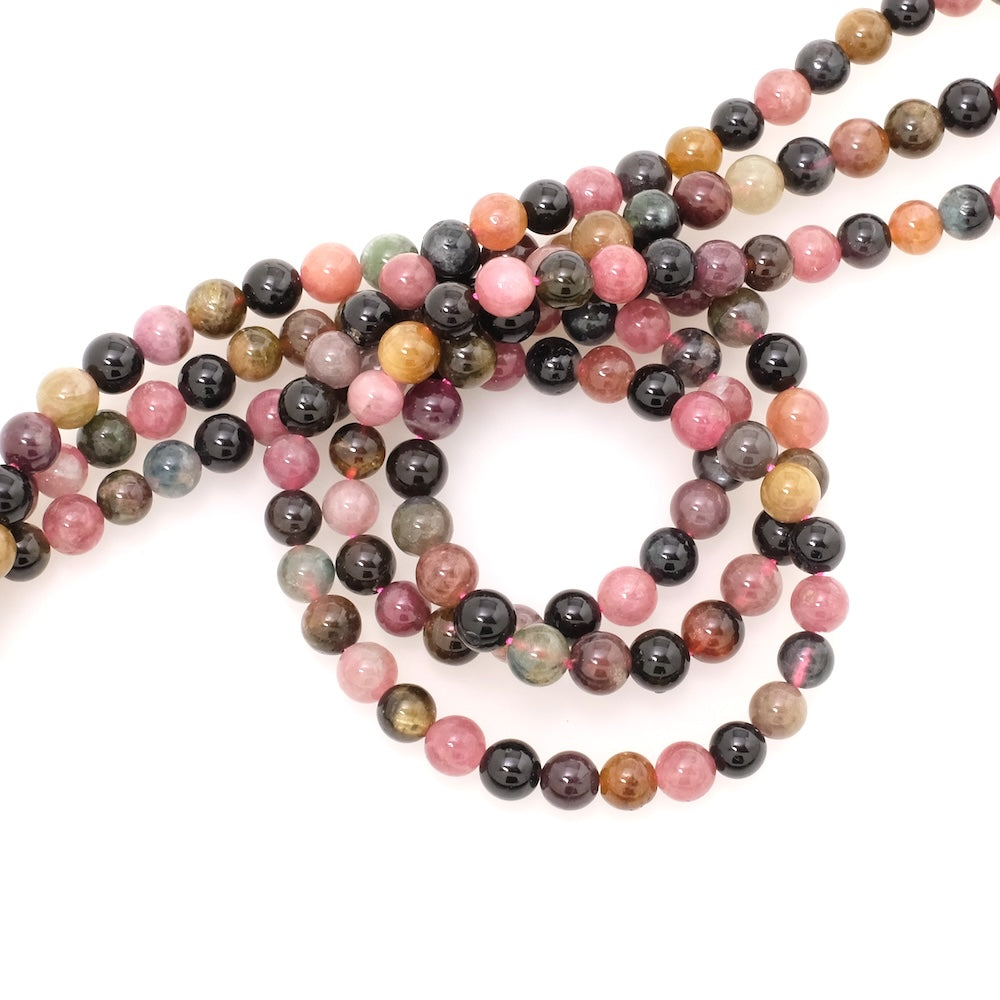 Fil de perles naturelles rondes 6mm multicolore en Tourmaline Belle qualité