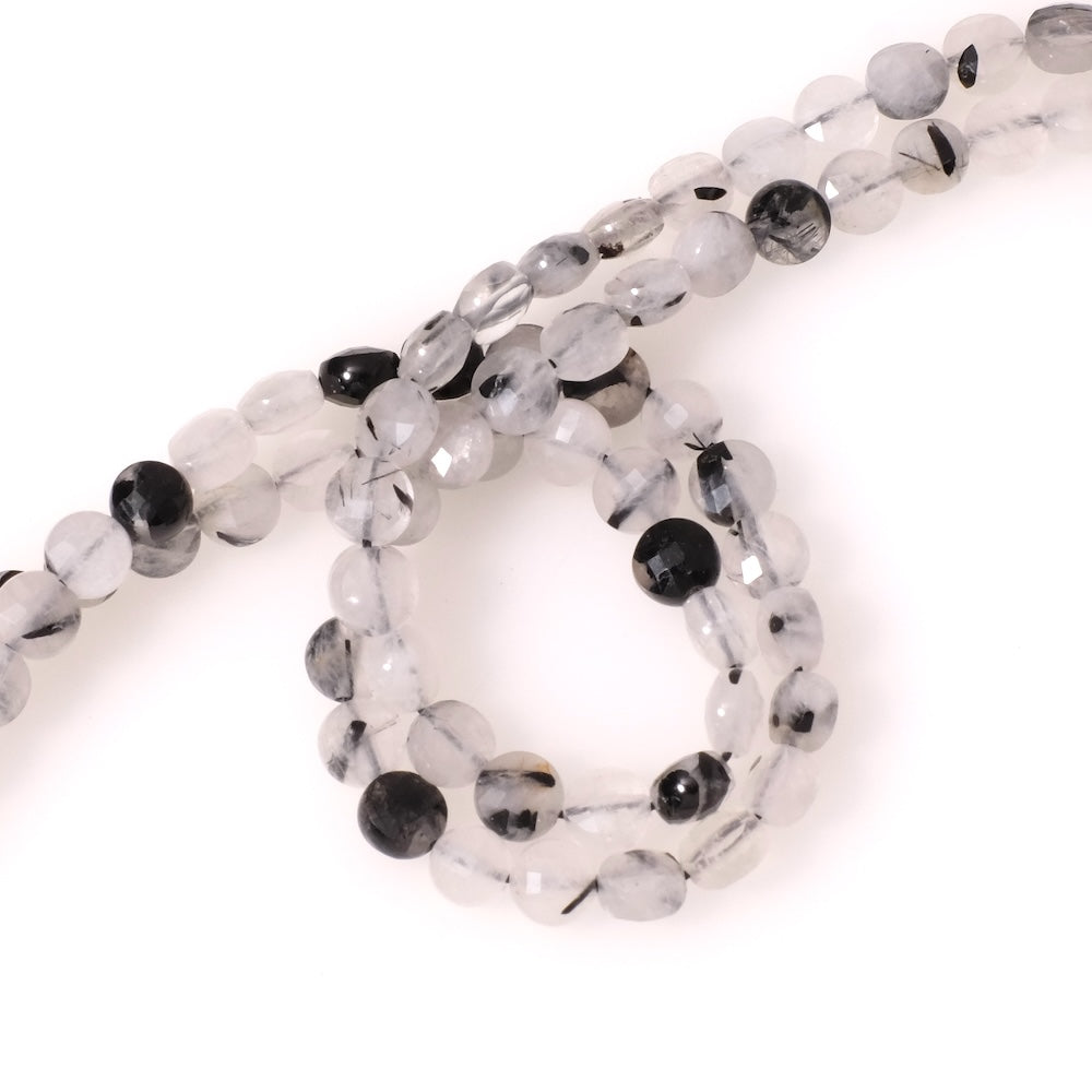 Fil de perles rondes aplaties 6mm en Quartz Flèches d'amour à inclusions de Tourmaline noire