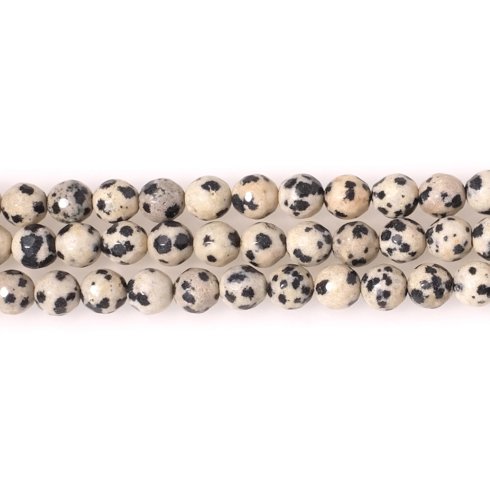 Fil de perles rondes facettées 6mm naturelles de Jaspe Dalmatien