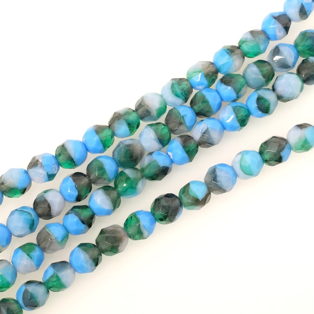 Fil de perles de Bohème rondes facettées 8mm vert marbré bleu