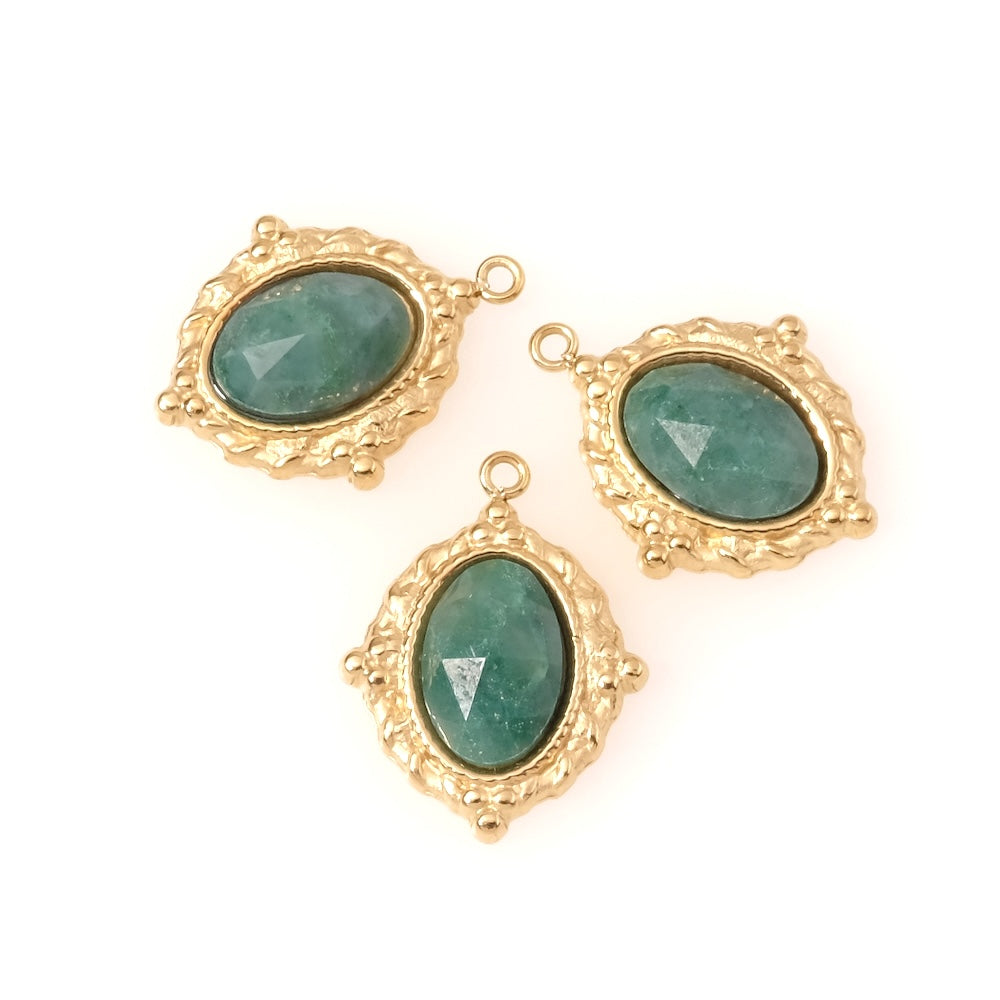Pendentif bohème ovale Jaspe vert en acier inoxydable 304 Doré 18K