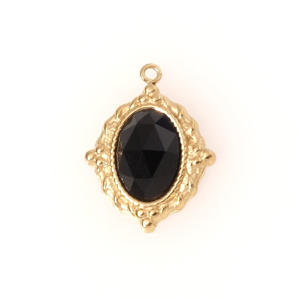 Pendentif bohème ovale Onyx noir en acier inoxydable 304 Doré 18K