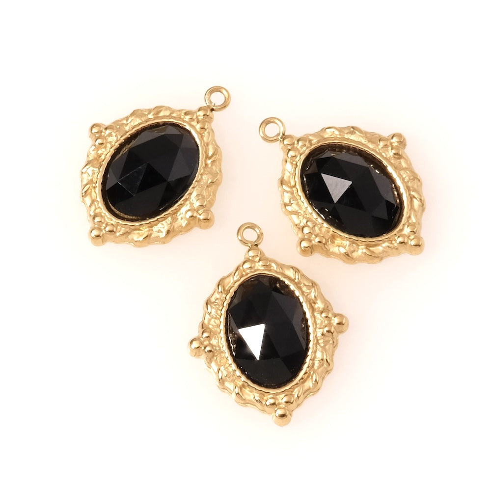 Pendentif bohème ovale Onyx noir en acier inoxydable 304 Doré 18K