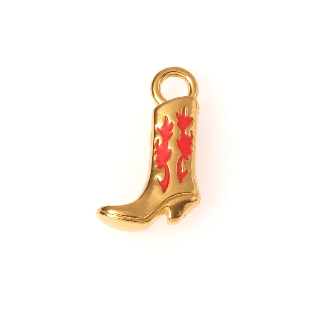 Red enameled Santiag boot pendant in 18K gold-plated 304 stainless steel
