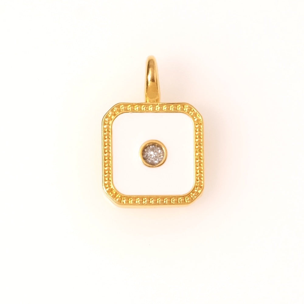 Pendentif carré émaillé blanc pailleté argenté en Zamak doré 24K