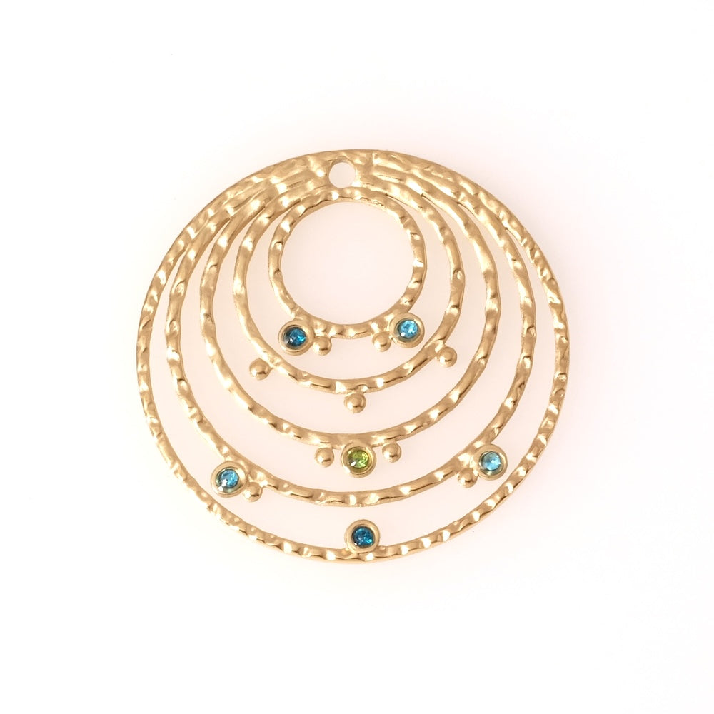 Pendentif cercle bohème avec strass bleu vert en acier inoxydable 304 Doré 18K