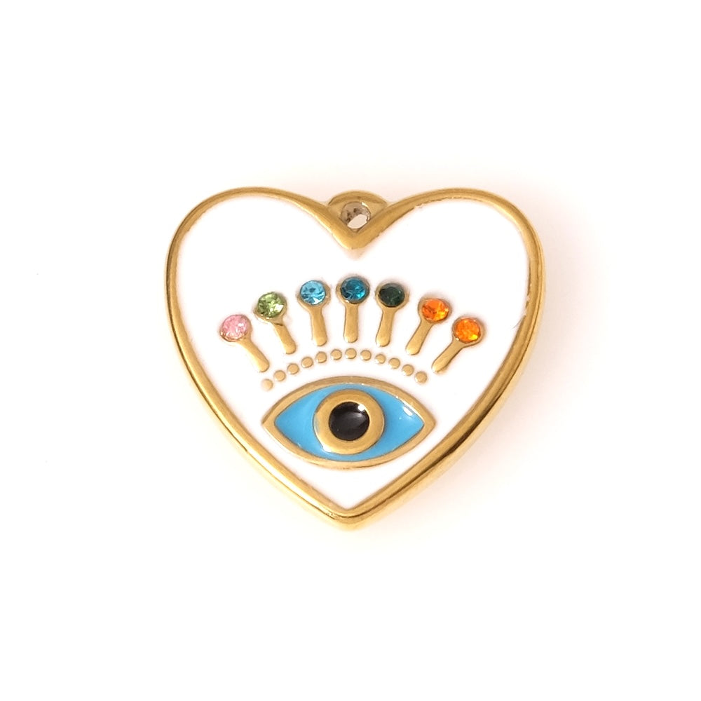 Pendentif coeur oeil émaillé blanc et strass en acier inoxydable 304 Doré 18K