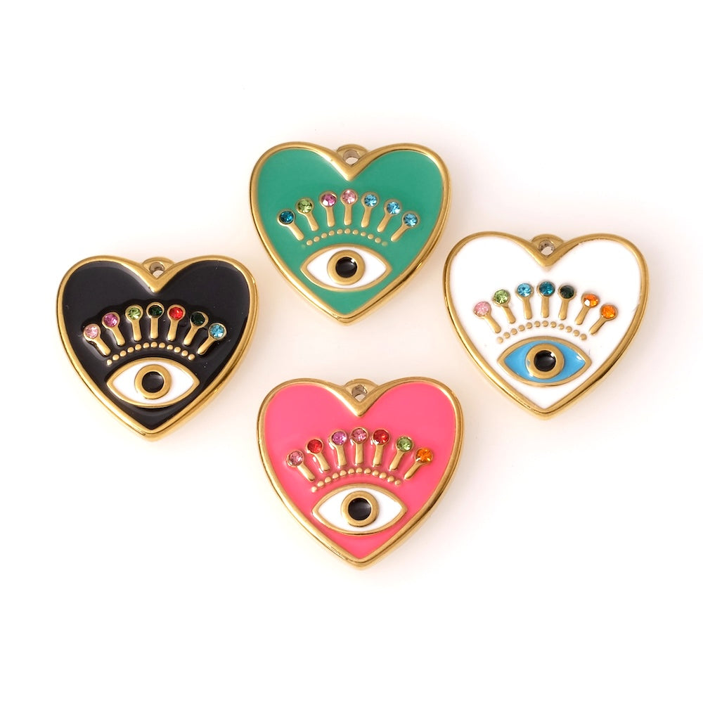 Pendentif coeur oeil émaillé rose et strass en acier inoxydable 304 Doré 18K