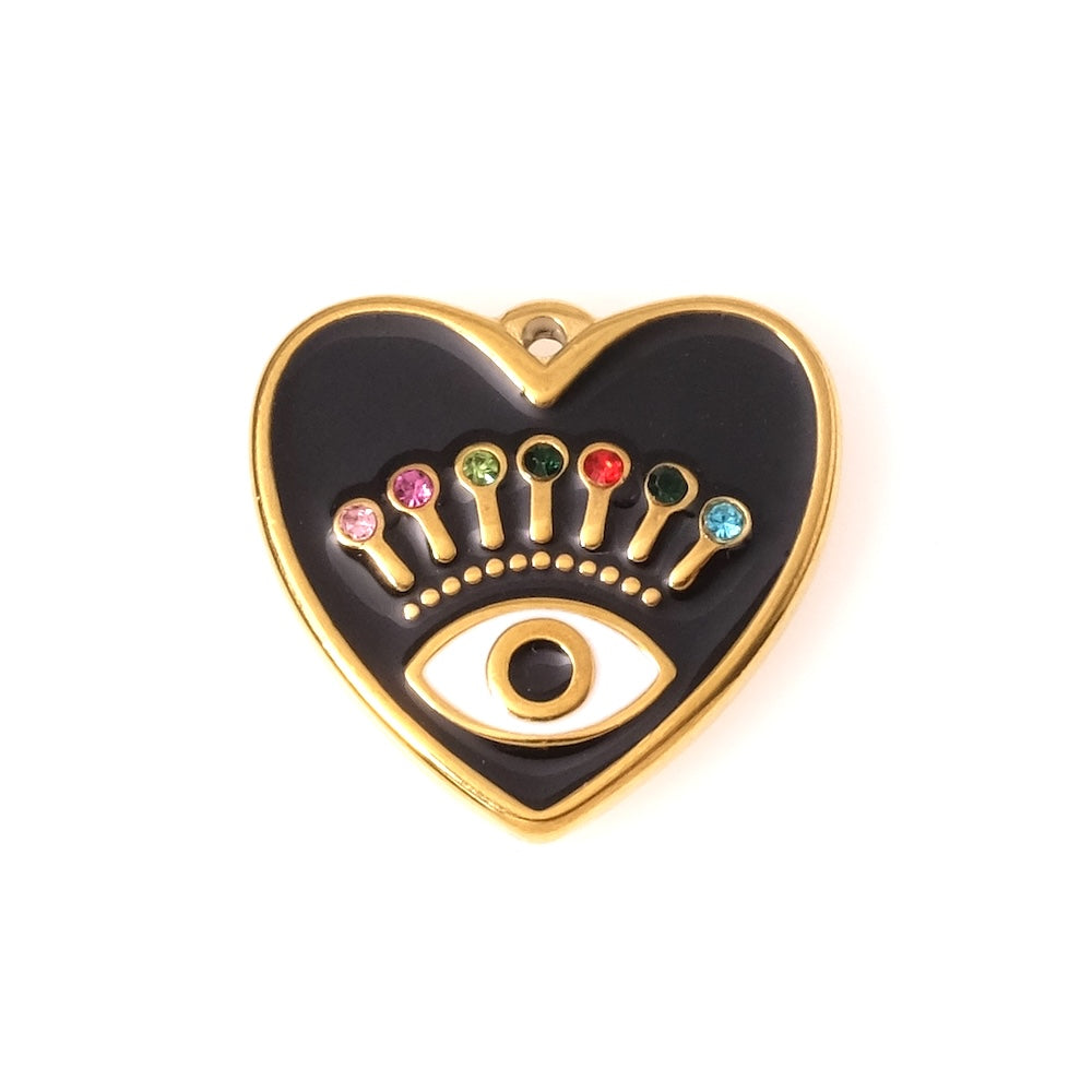 Pendentif coeur oeil émaillé noir et strass en acier inoxydable 304 Doré 18K