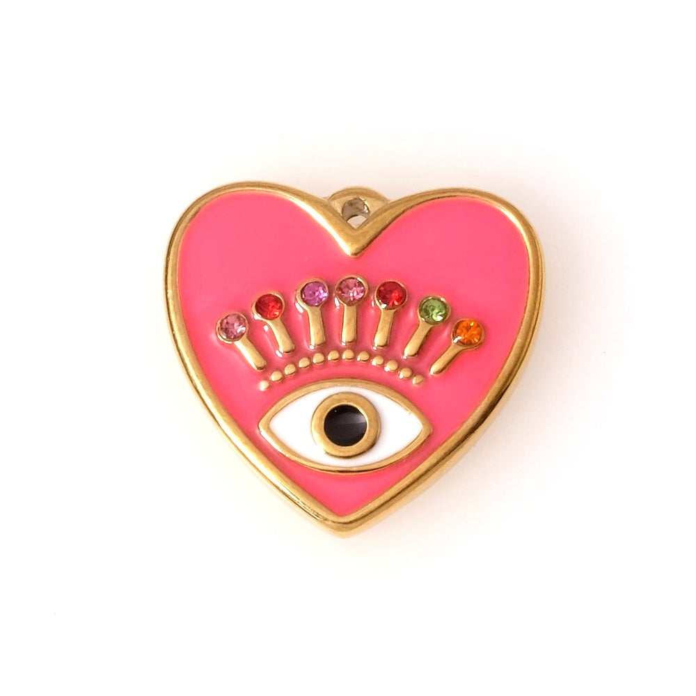 Pendentif coeur oeil émaillé rose et strass en acier inoxydable 304 Doré 18K