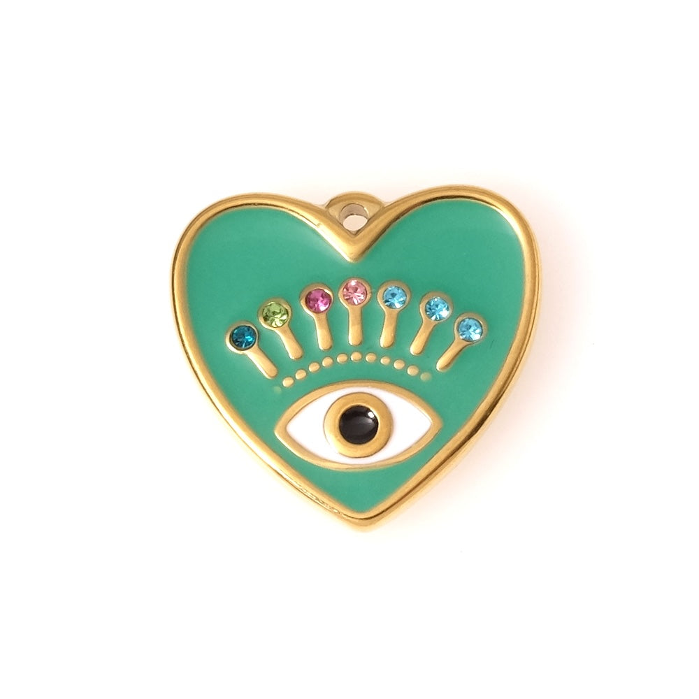 Pendentif coeur oeil émaillé vert et strass en acier inoxydable 304 Doré 18K