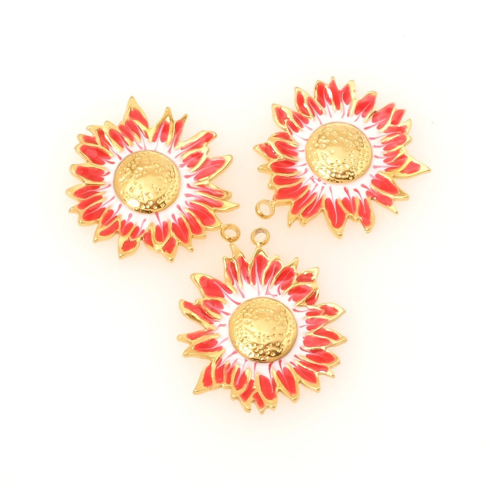 Pendentif fleur émaillé rouge en acier inoxydable 304 Doré 18K