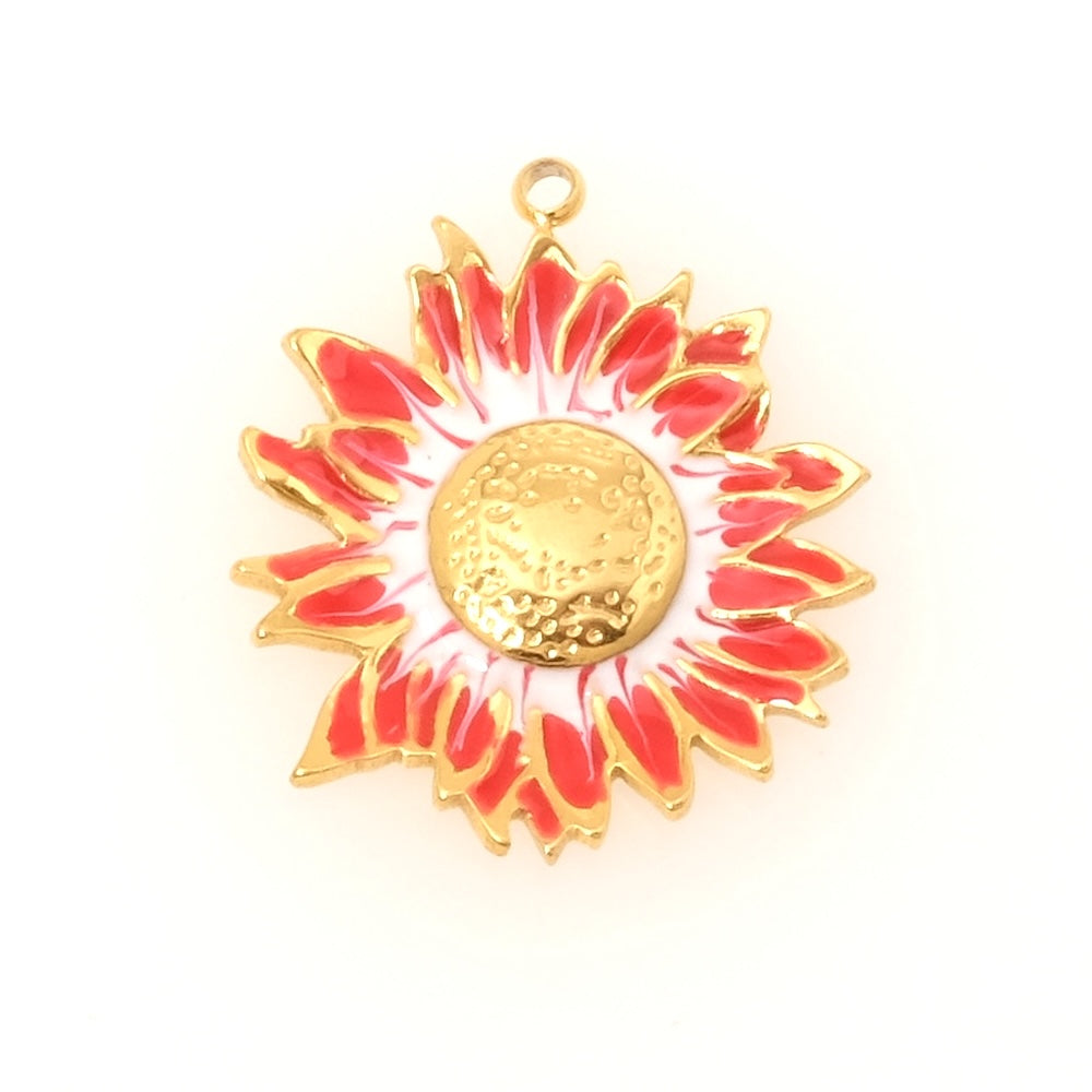 Pendentif fleur émaillé rouge en acier inoxydable 304 Doré 18K