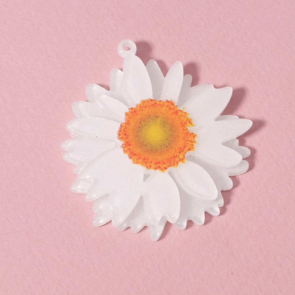 Pendentif fleur marguerite blanche en acrylique pailleté