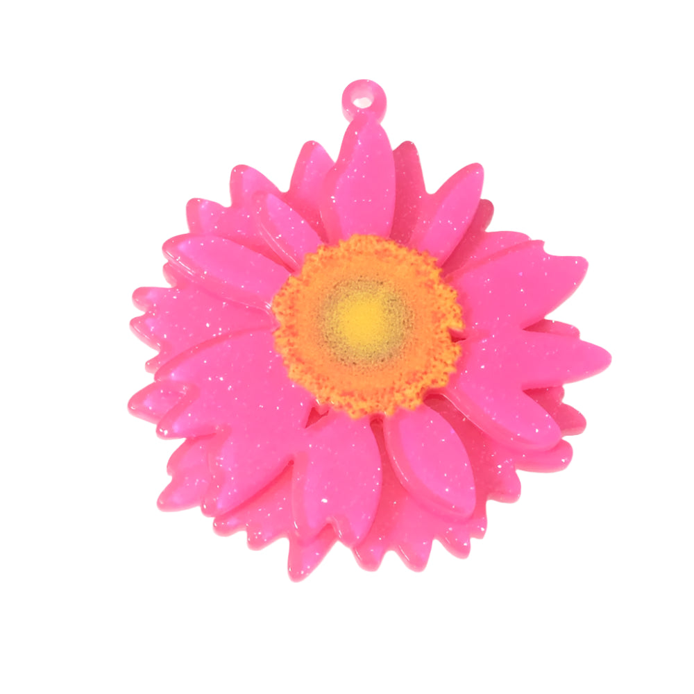 Pendentif fleur marguerite rose fuchsia en acétate pailleté