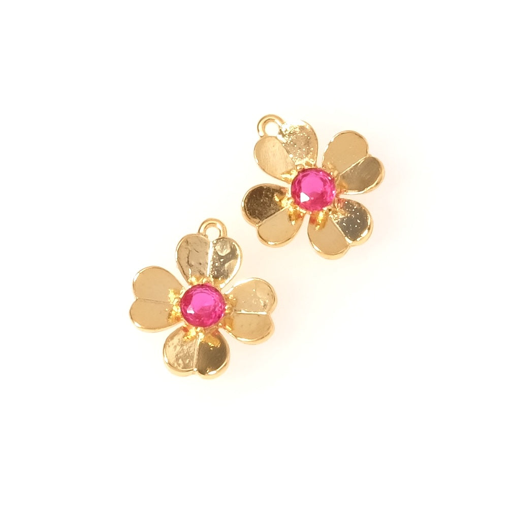 Pendentif fleur strass en Oxyde de Zirconium rose en laiton Doré à l'or fin 24K Premium