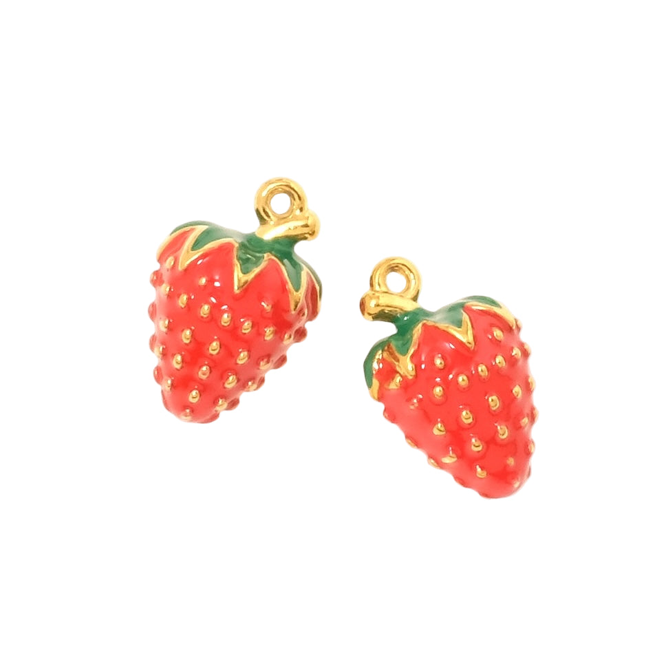 Pendentif fraise émaillée grand en acier inoxydable 304 Doré 18K
