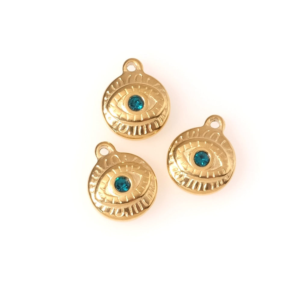 Pendentif oeil strass turquoise en acier inoxydable 201 Doré 18K