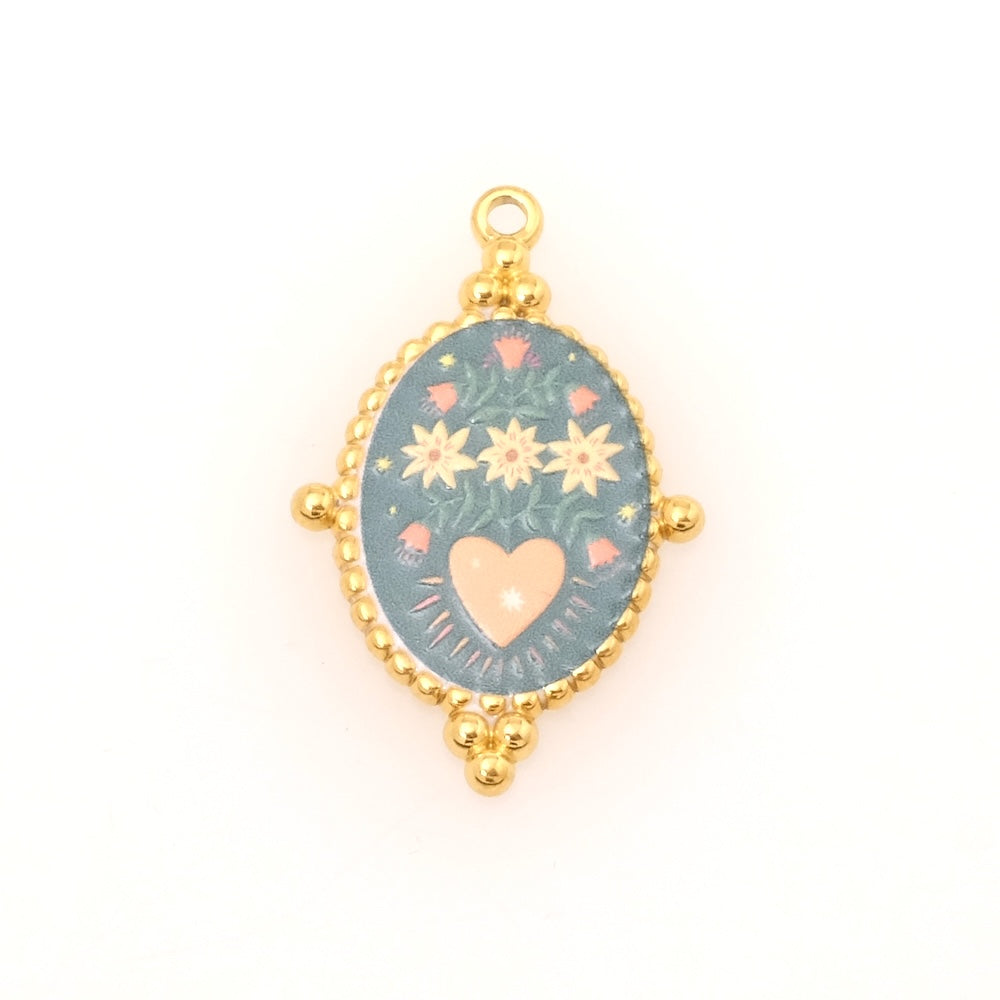 Pendentif oval motif fleurs et coeur bohème en acier inoxydable 304 Doré 18K