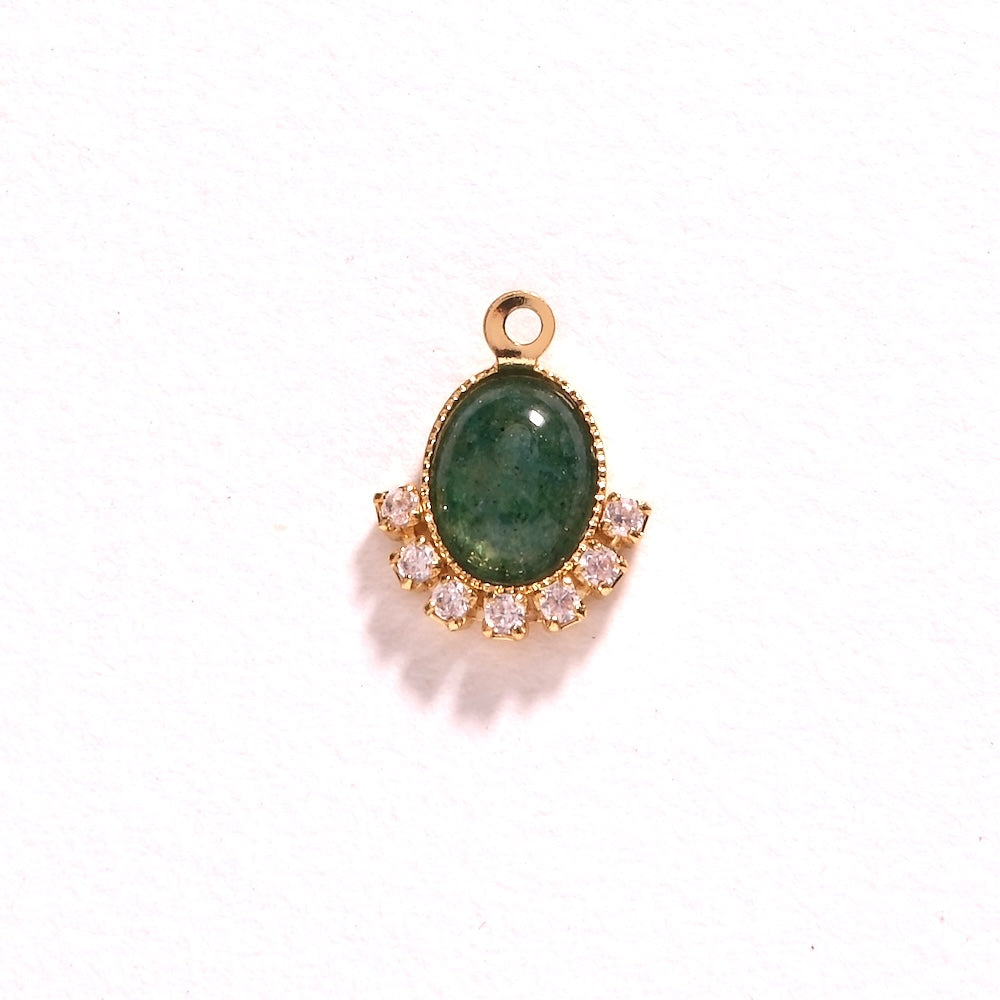 Pendentif ovale Aventurine et strass zircon 10,5 x 13,5 mm doré à l'or fin 24K