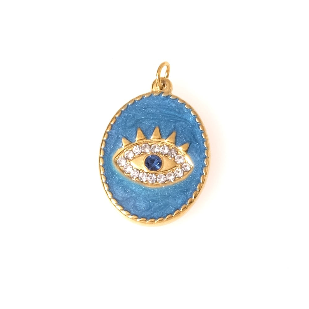 Pendentif ovale oeil émaillé bleu et strass en acier inoxydable 304 Doré 18K