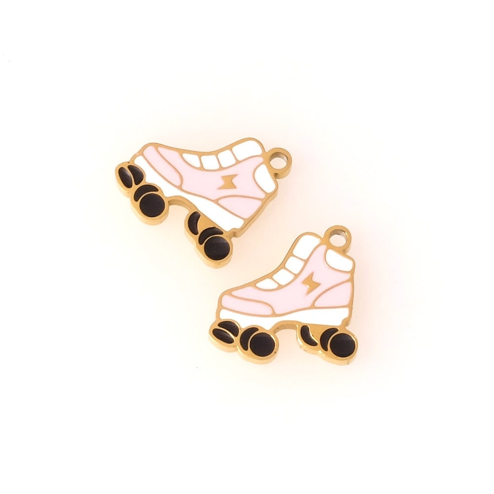 Pendentif patin à roulettes émaillé rose en acier inoxydable 304 Doré