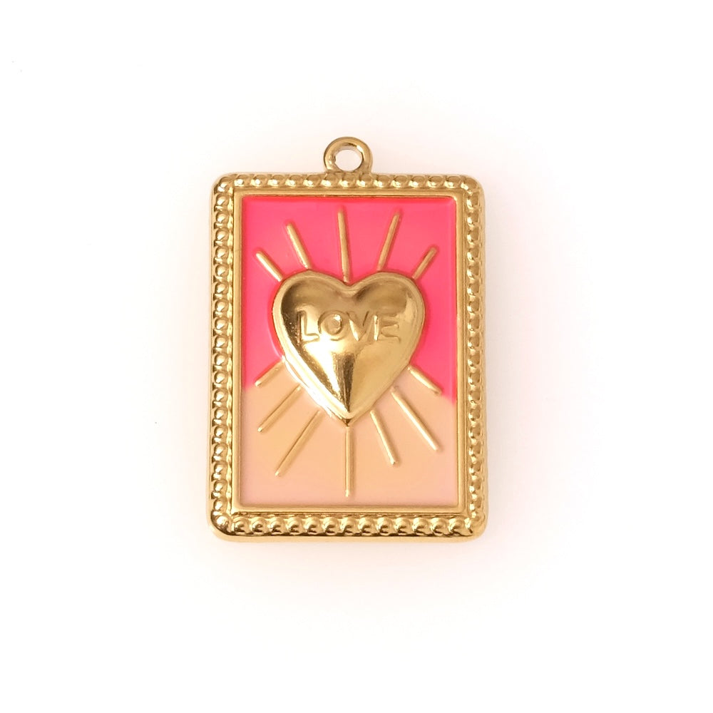 Pendentif rectangle coeur Love émaillé rose en acier inoxydable 304 Doré 18K