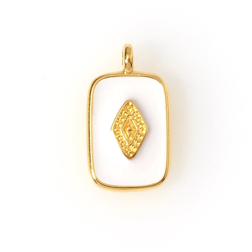 Pendentif rectangle émaillé blanc en Zamak doré 24K