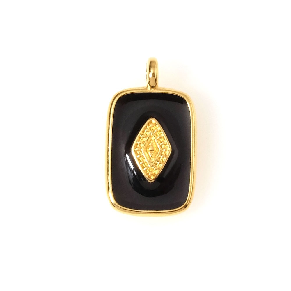 Pendentif rectangle émaillé noir en Zamak doré 24K