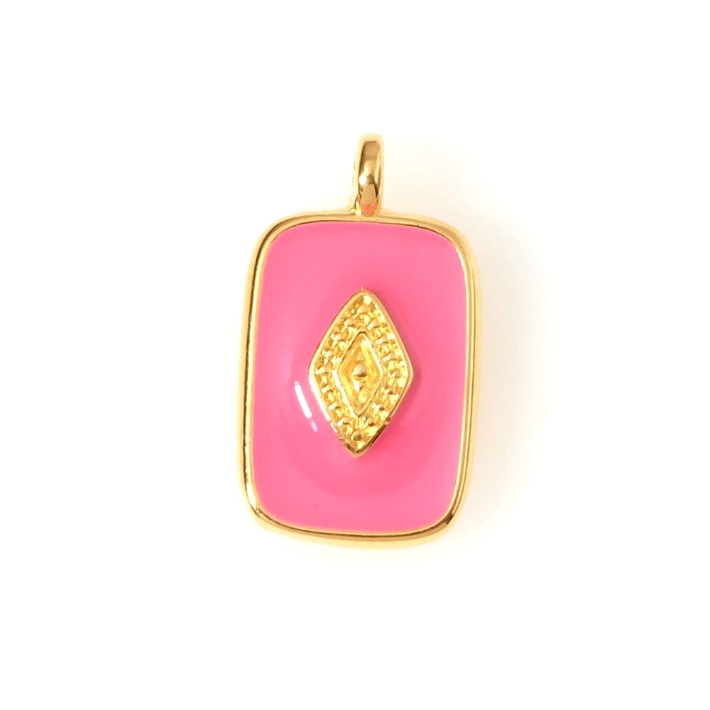 Pendentif rectangle émaillé rose fuchsia en Zamak doré 24K