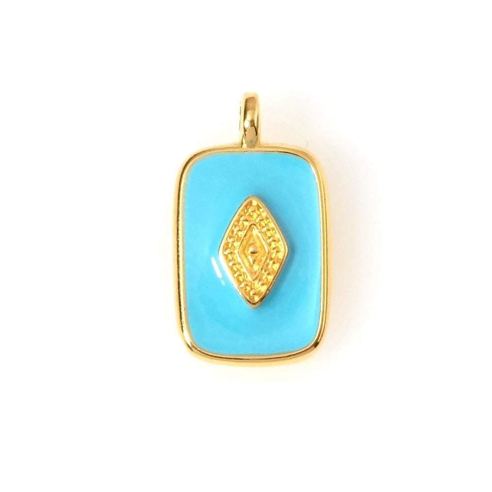 Pendentif rectangle émaillé turquoise en Zamak doré 24K