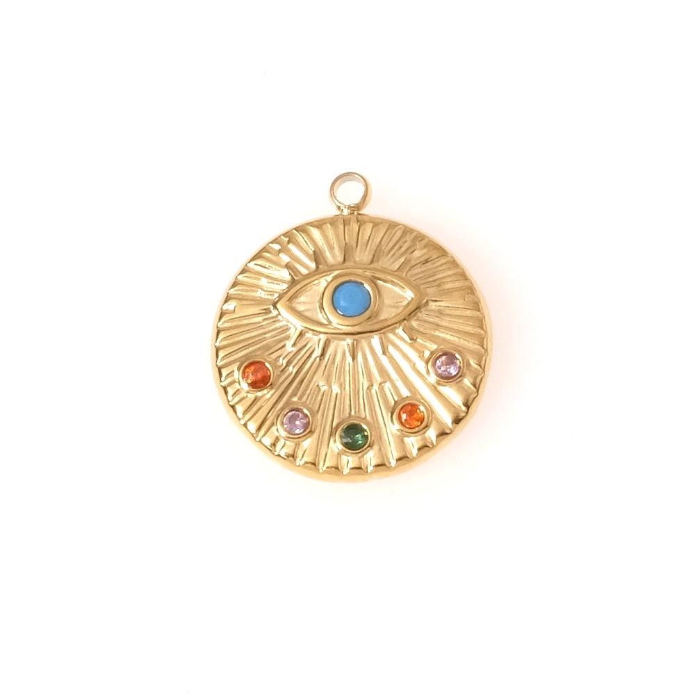 Pendentif rond oeil avec strass multicolore en acier inoxydable 304 Doré
