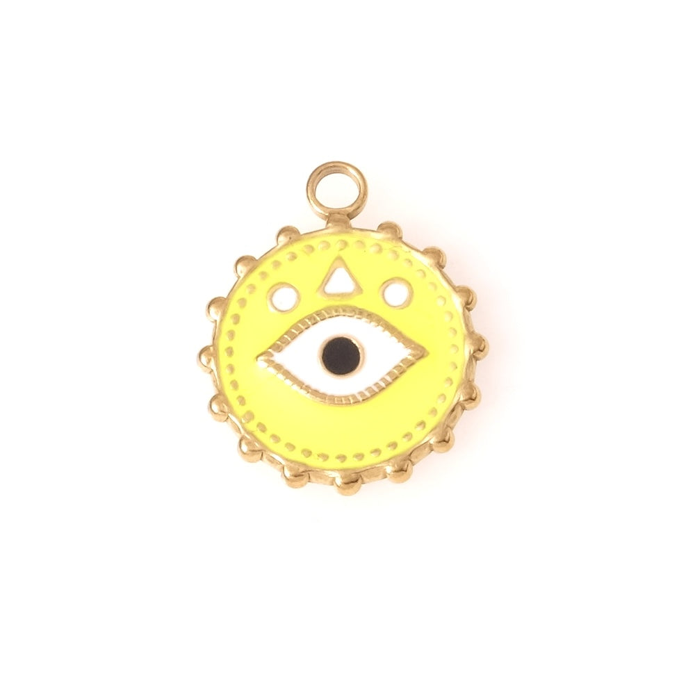 Pendentif rond oeil émaillé jaune fluo en acier inoxydable 201 Doré 18K