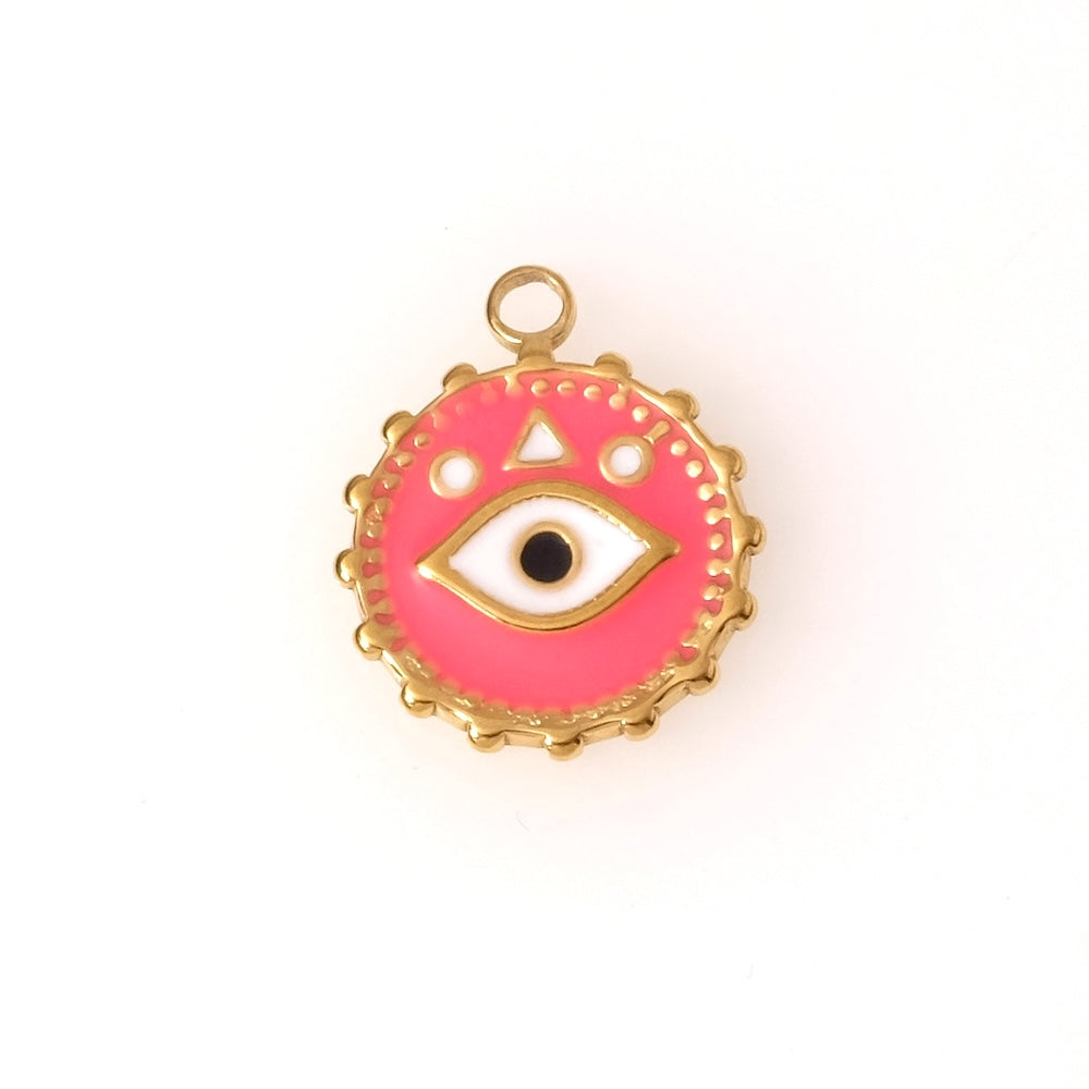 Pendentif rond oeil émaillé rose en acier inoxydable 201 Doré 18K