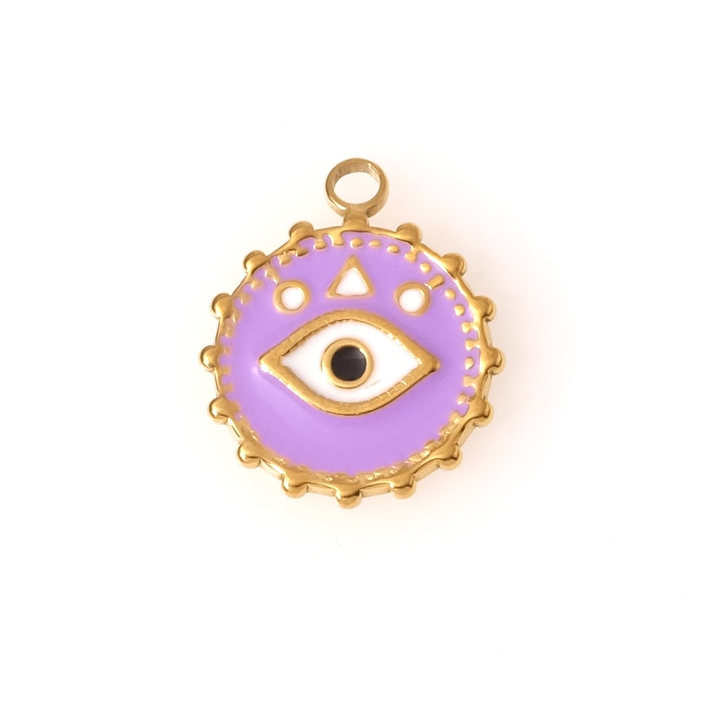 Pendentif rond oeil émaillé violet en acier inoxydable 201 Doré 18K