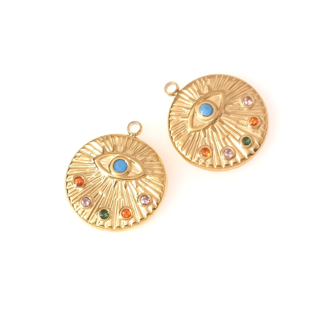 Pendentif rond oeil avec strass multicolore en acier inoxydable 304 Doré