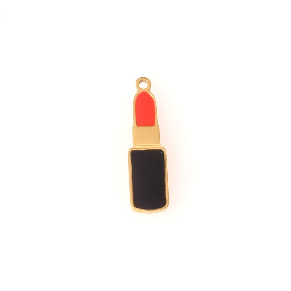 Pendentif rouge à lèvres émaillé rouge et noir en acier inoxydable 304 Doré