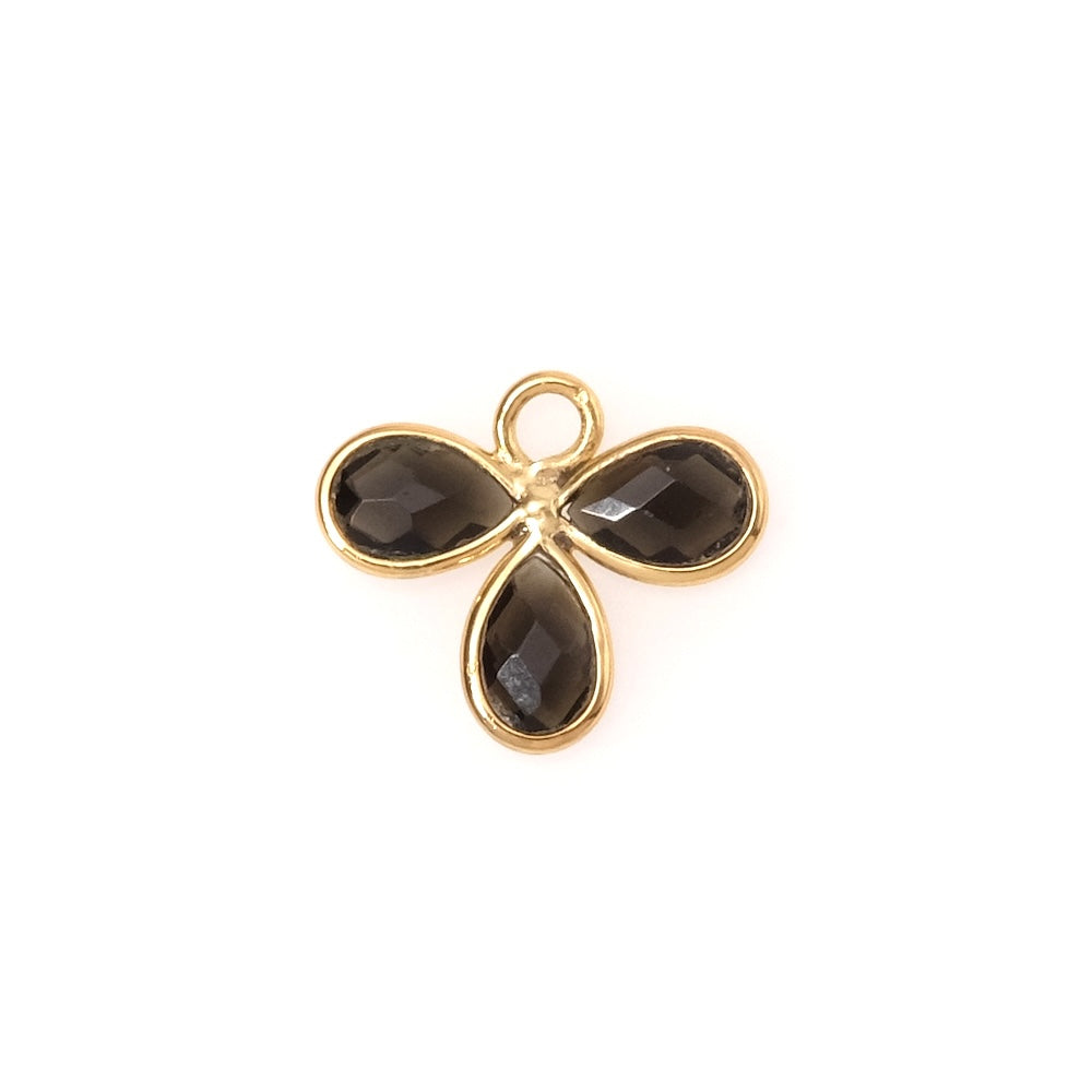 Pendentif serti fleur gouttes Obsidienne en laiton Doré à l&#39;or fin 24K Premium