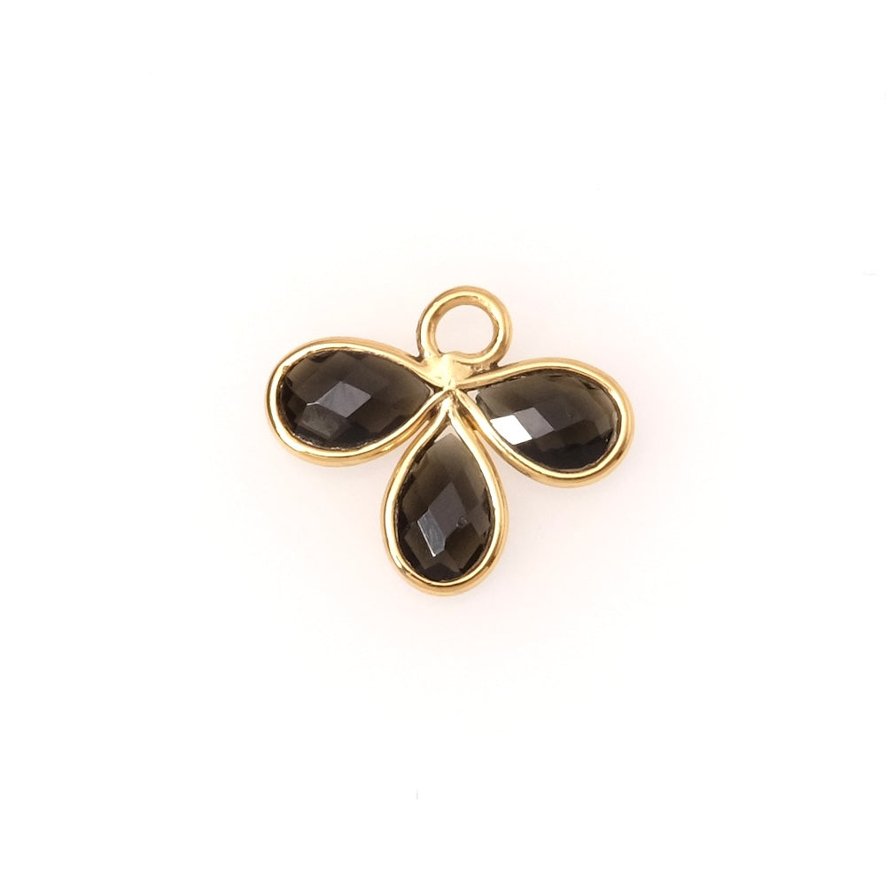 Pendentif serti fleur gouttes Obsidienne en laiton Doré à l'or fin 24K Premium