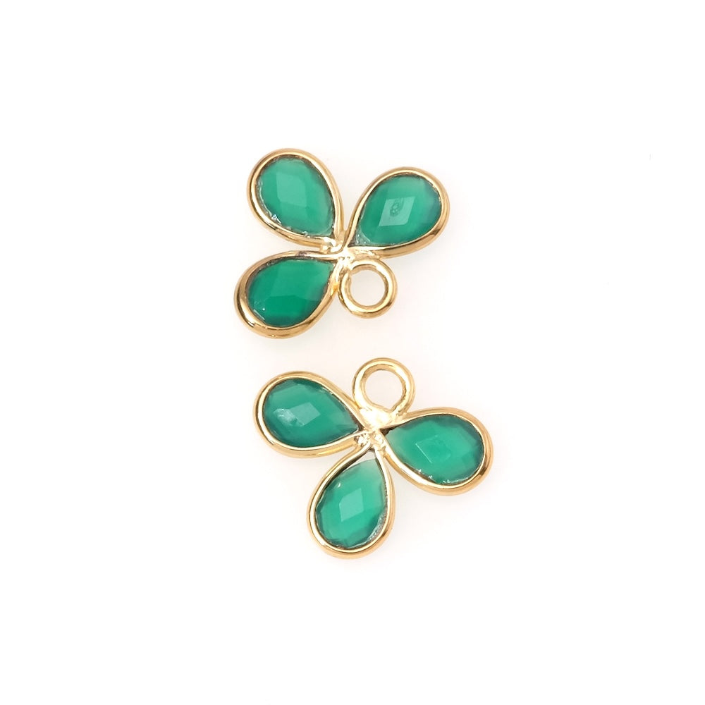 Pendentif serti fleur gouttes Onyx vert en laiton Doré à l'or fin 24K Premium