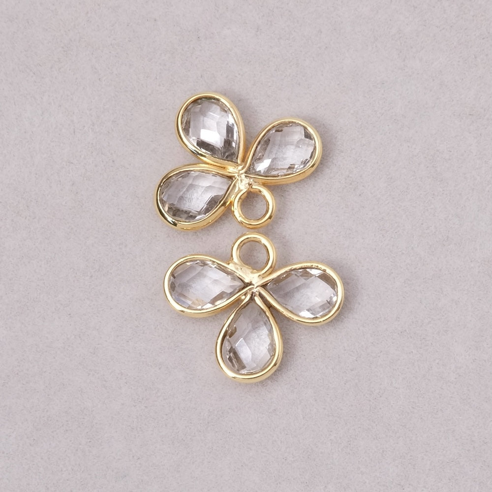 Pendentif serti fleur gouttes Quartz Cristal de roche en laiton Doré à l'or fin 24K Premium