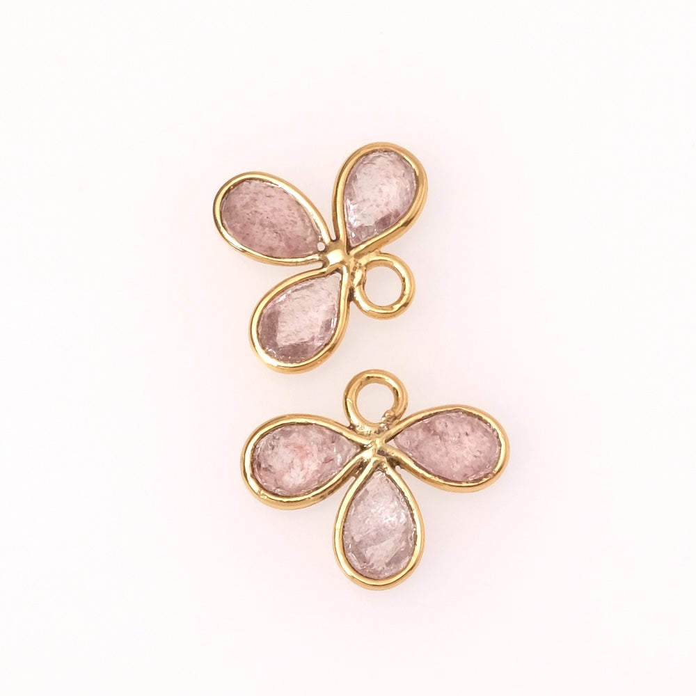 Pendentif serti fleur gouttes Quartz fraise en laiton Doré à l'or fin 24K Premium