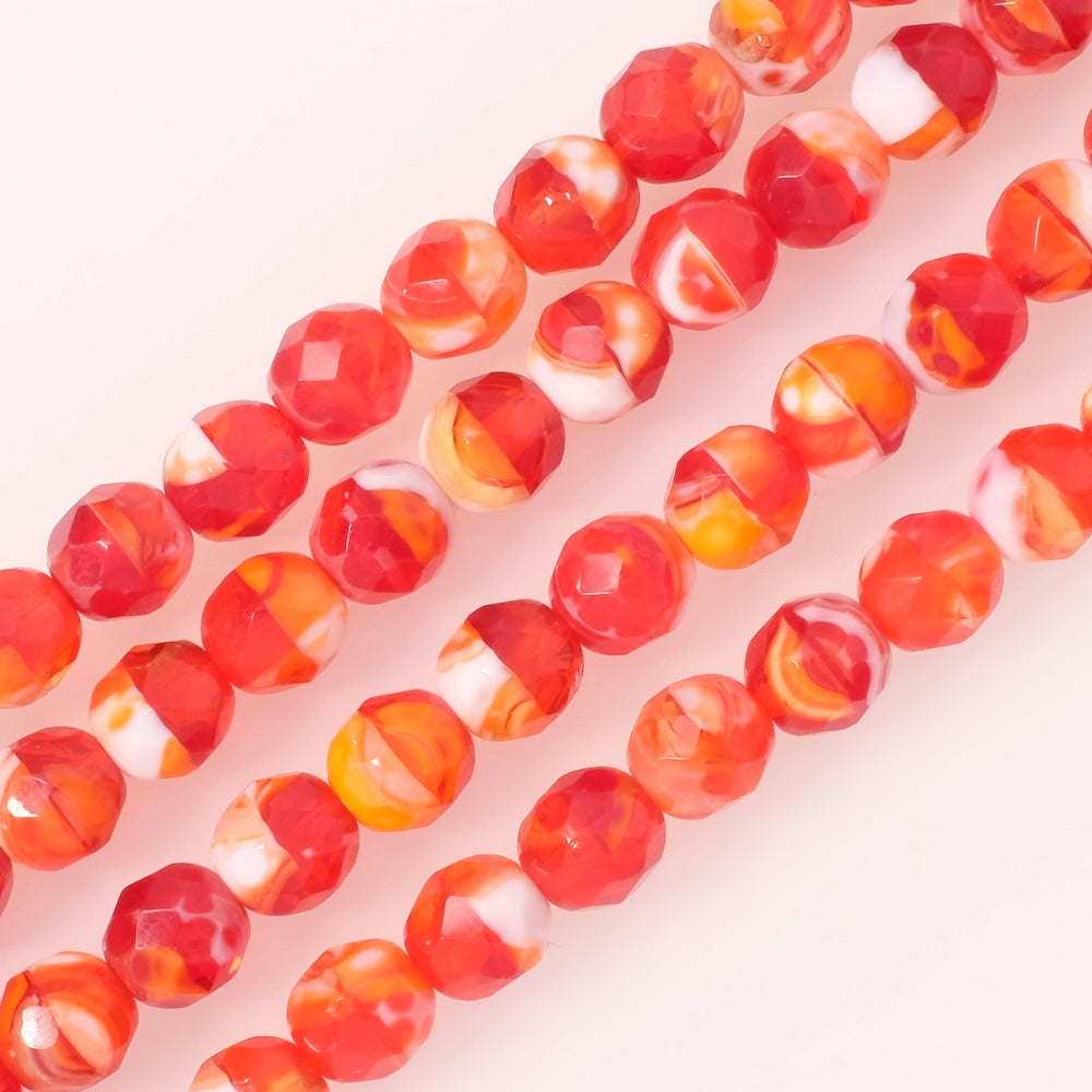 Fil de perles de Bohème rondes facettées 8mm Nuances de rouge blanc