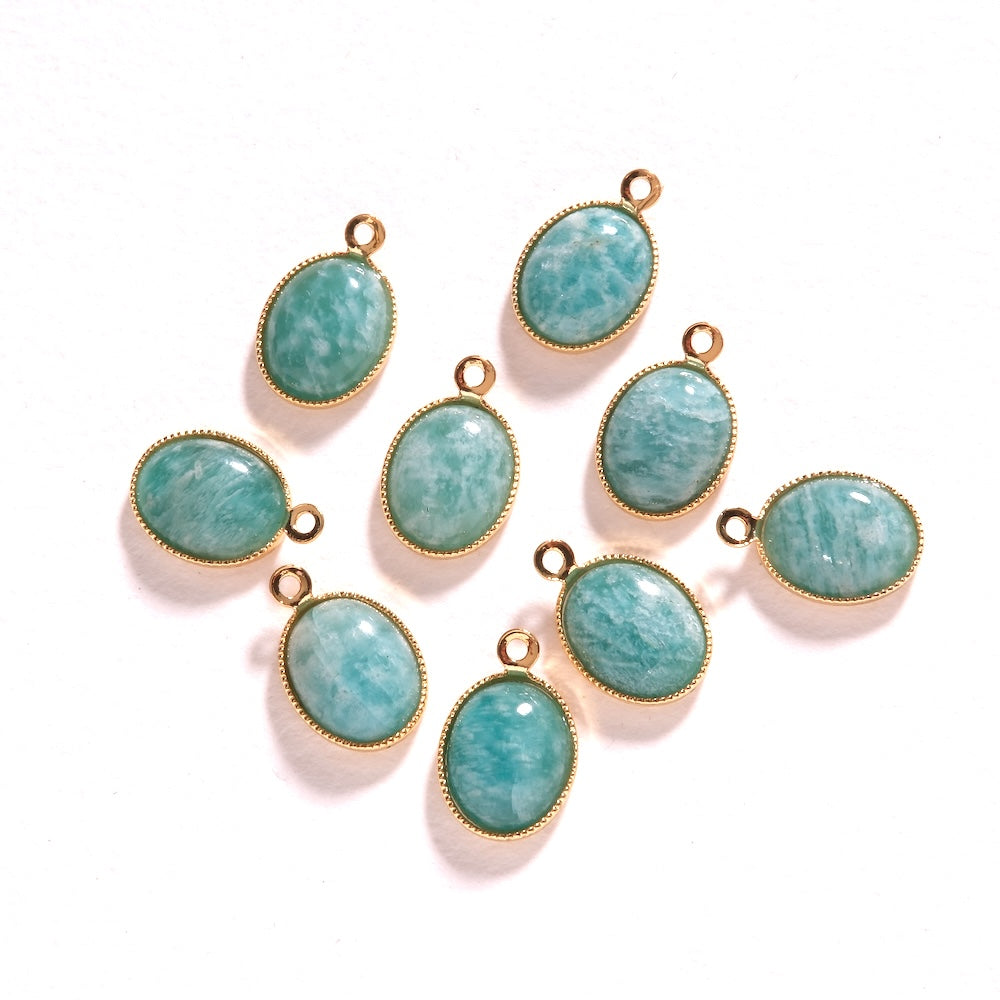 Plusieurs pendentifs ovales Amazonite vert d'eau sertis or fin 24K