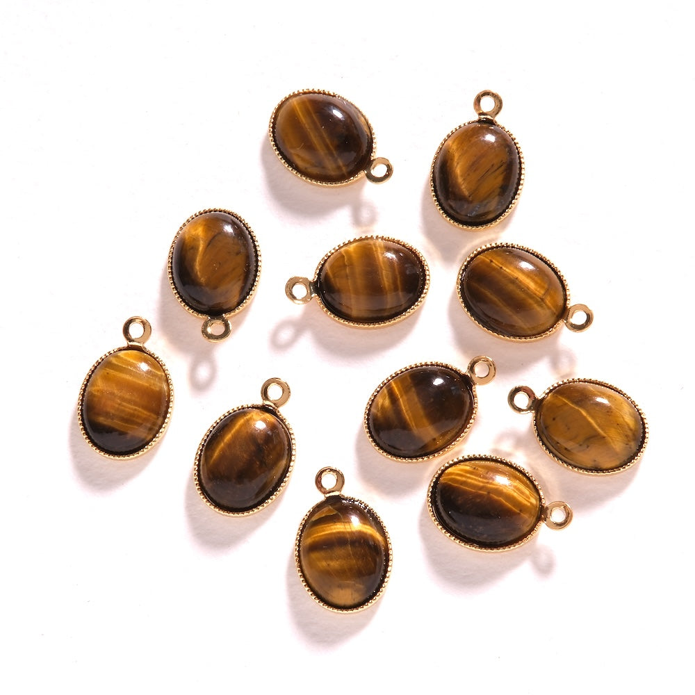 Plusieurs pendentifs ovales Oeil de tigre brun doré sertis or fin 24K
